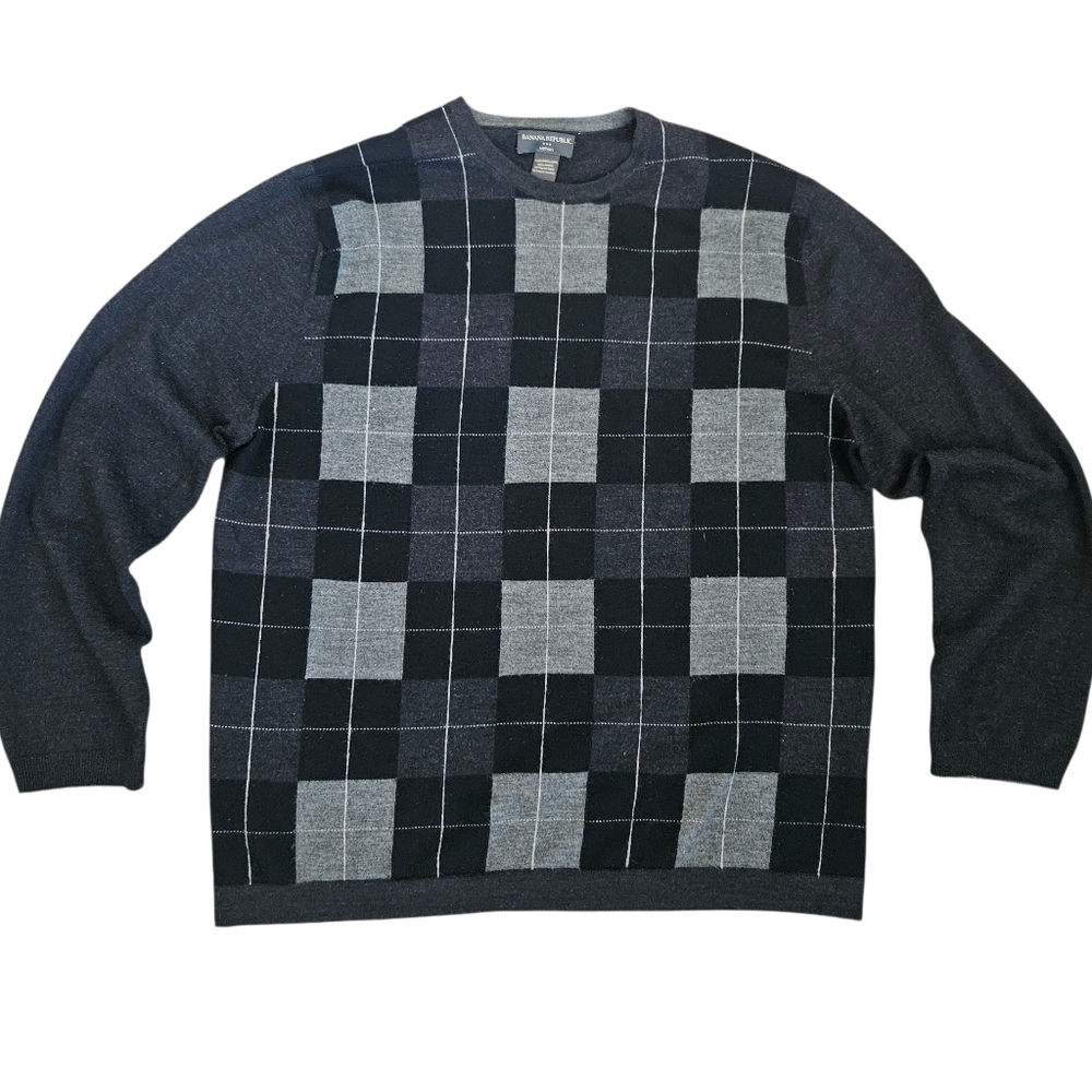 Banana Republic Mens Large 100% Merino Wool Knit Plaid‎ Black Gray Sweater